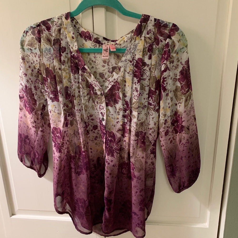 Dolled Up by Fang Sheer Purple Ombre Floral Blouse